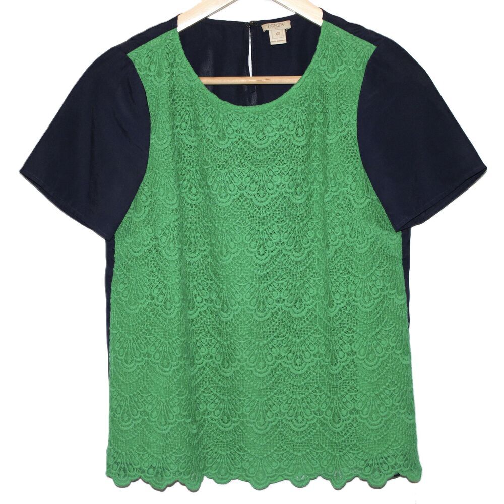 Womens J.Crew Green Navy Blue Lace Cotton Round Neck Short Sleeve Blouse Size XS